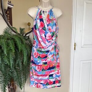 Jessica Simpson Sleeveless Silver Tone Chain Halter Striped Floral Dress Tie Bow